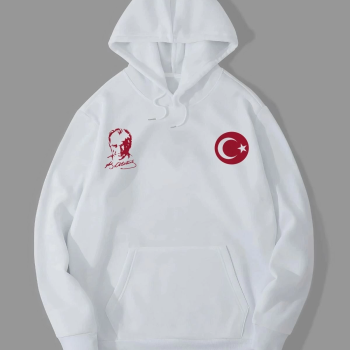10 Kasıma Özel Üç İplik Kapüşonlu Baskılı SweatShirt - Beyaz -