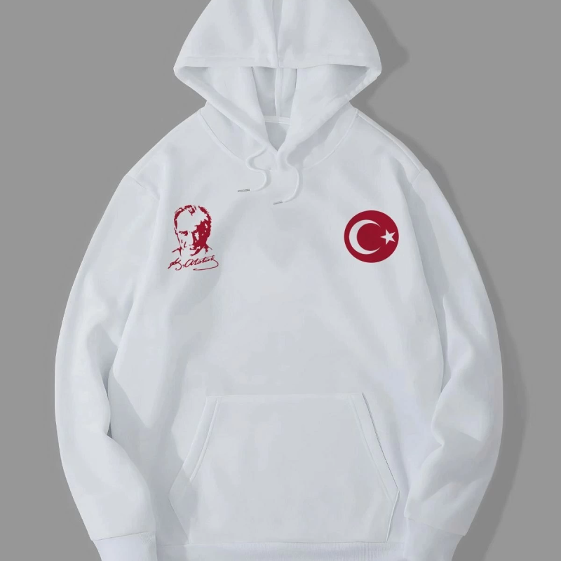 10 Kasıma Özel Üç İplik Kapüşonlu Baskılı SweatShirt - Beyaz -