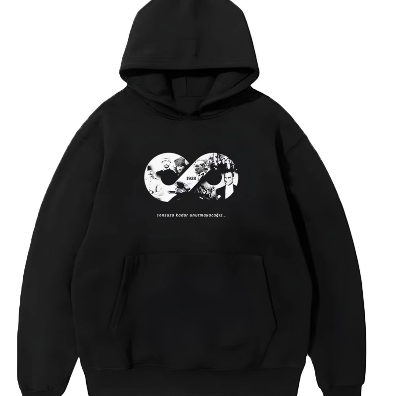 10 Kasıma Özel Üç İplik Kapüşonlu Baskılı SweatShirt - Siyah -