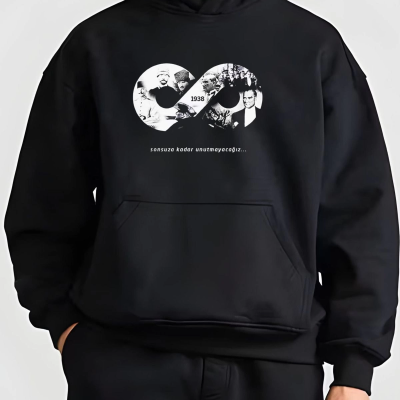 10 Kasıma Özel Üç İplik Kapüşonlu Baskılı SweatShirt - Siyah -