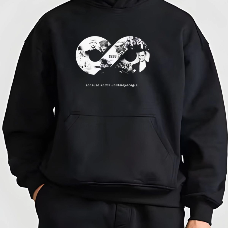 10 Kasıma Özel Üç İplik Kapüşonlu Baskılı SweatShirt - Siyah -