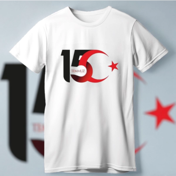 15 Temmuza Özel Tasarım Ay Yıldız Baskılı T-shirt - Beyaz -