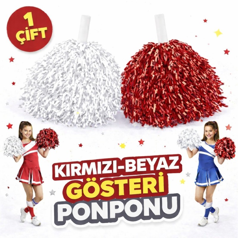 2 Adet Kırmızı - Beyaz Renk Okul Gösteri Ponponları Ekstra Dolgun