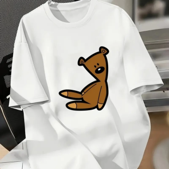 20/1 Penye Compack Ayı Baskılı Oversize Bisiklet Yaka Kısa Kol T-shirt - Beyaz -