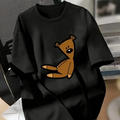 20/1 Penye Compack Ayı Baskılı Oversize Bisiklet Yaka Kısa Kol T-shirt - Siyah -