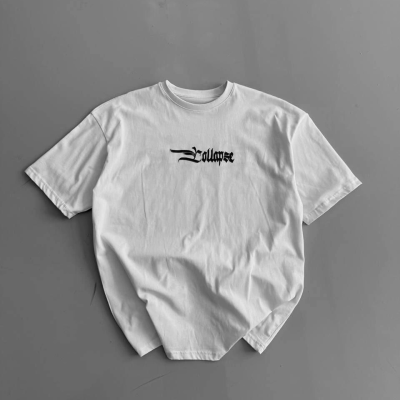 20/1 Penye Compack Baskılı Oversize Bisiklet Yaka Kısa Kol Yazlık T-shirt - Beyaz -