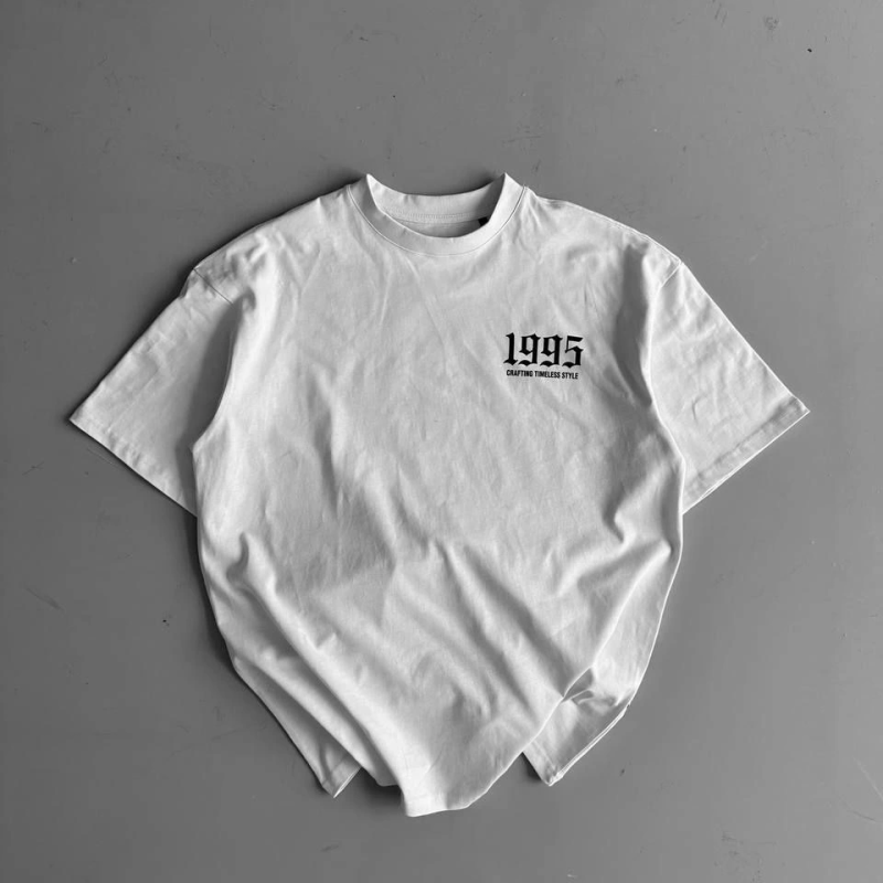 20/1 Penye Compack Baskılı Oversize Bisiklet Yaka Kısa Kol Yazlık T-shirt - Beyaz -