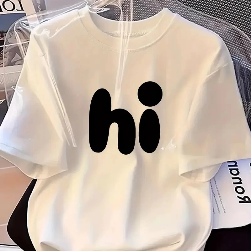 20/1 Penye Compack Baskılı Oversize Bisiklet Yaka Kısa Kol Yazlık T-shirt - Beyaz -