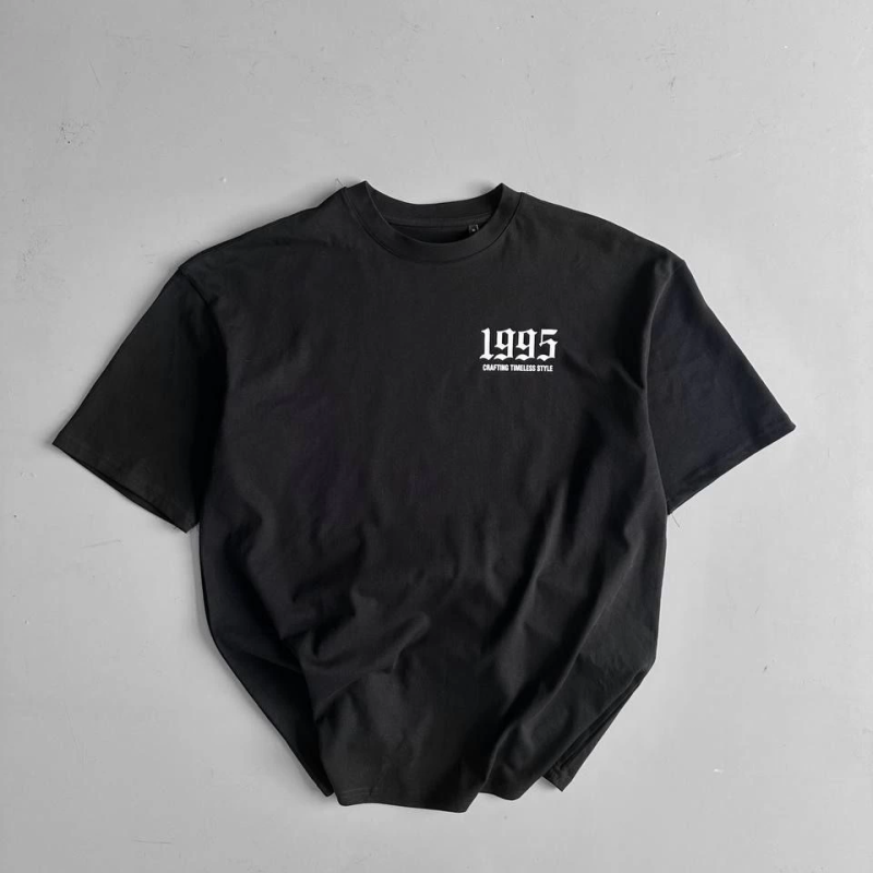 20/1 Penye Compack Baskılı Oversize Bisiklet Yaka Kısa Kol Yazlık T-shirt - Siyah -