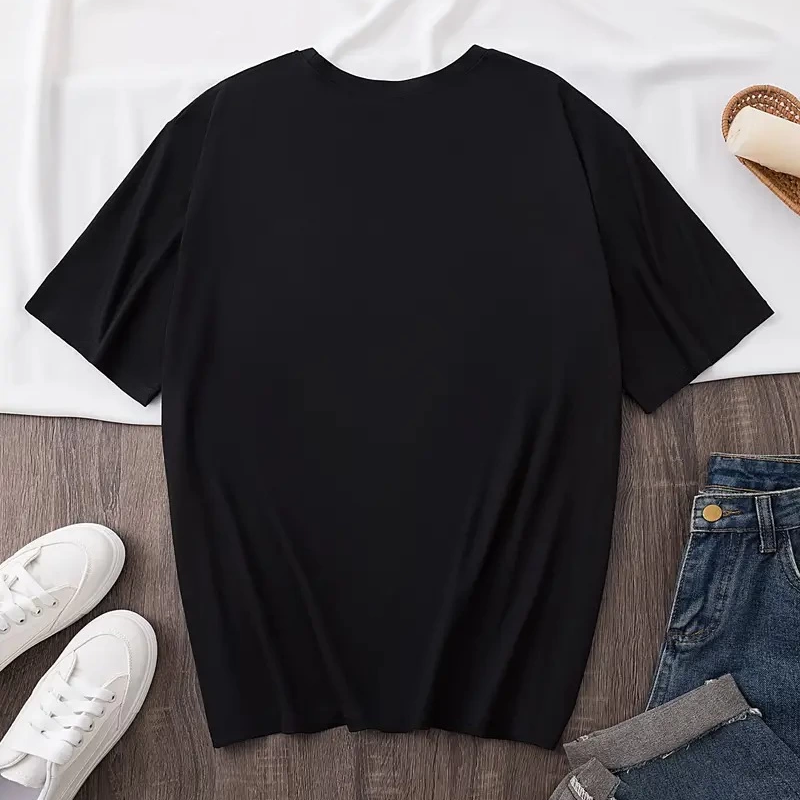 20/1 Penye Compack Baskılı Oversize Bisiklet Yaka Kısa Kol Yazlık T-shirt - Siyah -