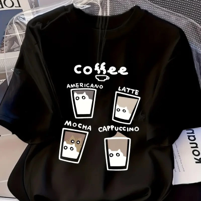 20/1 Penye Compack Baskılı Oversize Bisiklet Yaka Kısa Kol Yazlık T-shirt - Siyah -