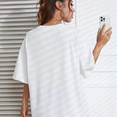 20/1 Penye Compack Baskılı Oversize Kahve Desenli   Kısa Kol T-shirt - Beyaz -