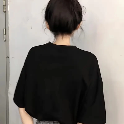 20/1 Penye Compack Baskılı Oversize Kısa Kol Bisiklet Yaka T-shirt - Siyah -