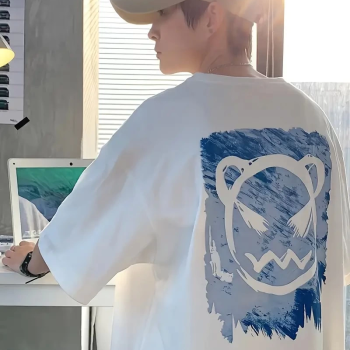 20/1 Penye Compack Bisiklet Yaka Kore tarzı sevimli ayı baskı Kısa Kol   t-shirt - Beyaz -