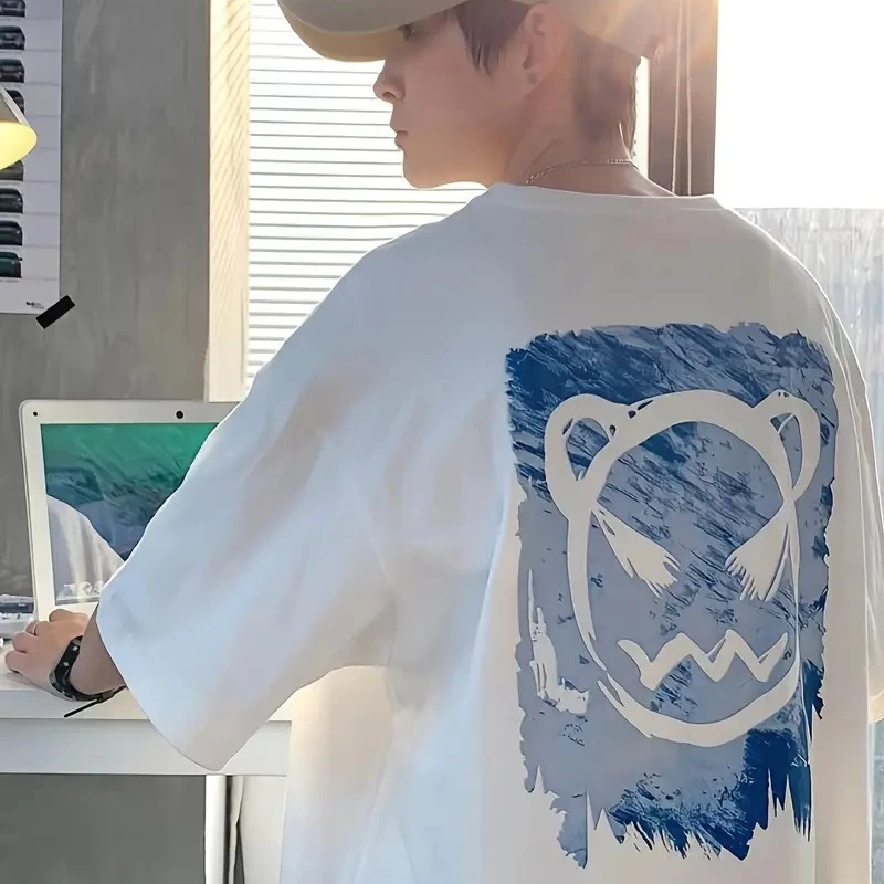 20/1 Penye Compack Bisiklet Yaka Kore tarzı sevimli ayı baskı Kısa Kol   t-shirt - Beyaz -