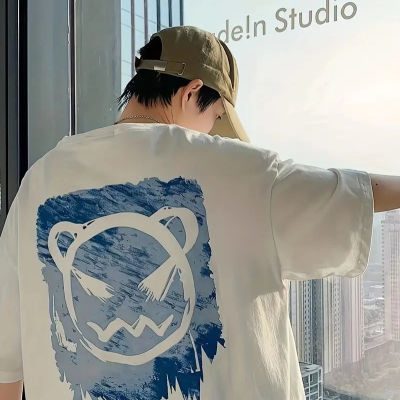 20/1 Penye Compack Bisiklet Yaka Kore tarzı sevimli ayı baskı Kısa Kol   t-shirt - Beyaz -