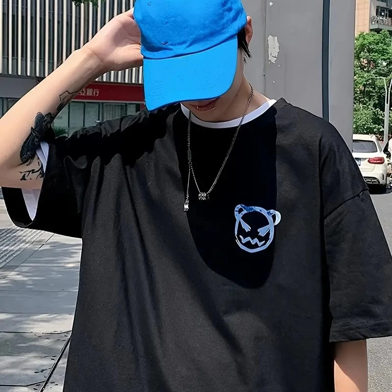 20/1 Penye Compack Bisiklet Yaka Kore tarzı sevimli ayı baskı Kısa Kol   t-shirt - Siyah -