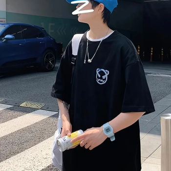 20/1 Penye Compack Bisiklet Yaka Kore tarzı sevimli ayı baskı Kısa Kol   t-shirt - Siyah -