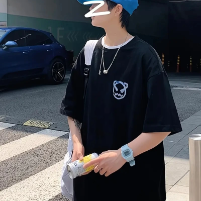 20/1 Penye Compack Bisiklet Yaka Kore tarzı sevimli ayı baskı Kısa Kol   t-shirt - Siyah -