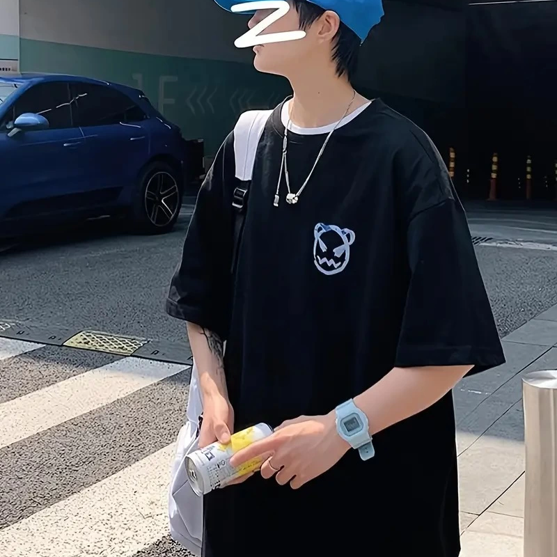 20/1 Penye Compack Bisiklet Yaka Kore tarzı sevimli ayı baskı Kısa Kol   t-shirt - Siyah -