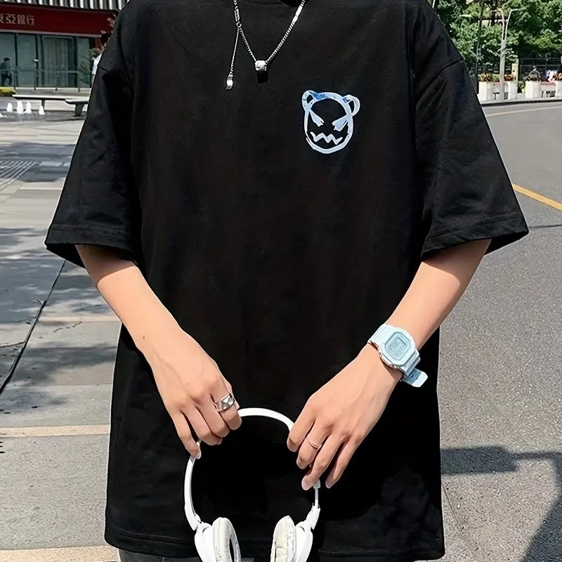 20/1 Penye Compack Bisiklet Yaka Kore tarzı sevimli ayı baskı Kısa Kol   t-shirt - Siyah -