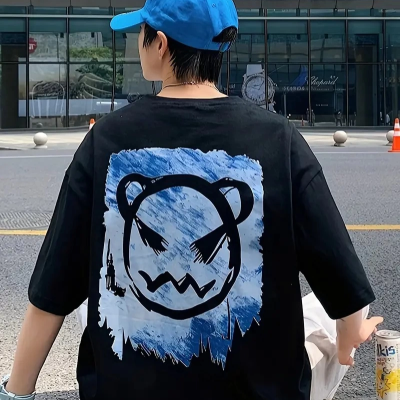 20/1 Penye Compack Bisiklet Yaka Kore tarzı sevimli ayı baskı Kısa Kol   t-shirt - Siyah -