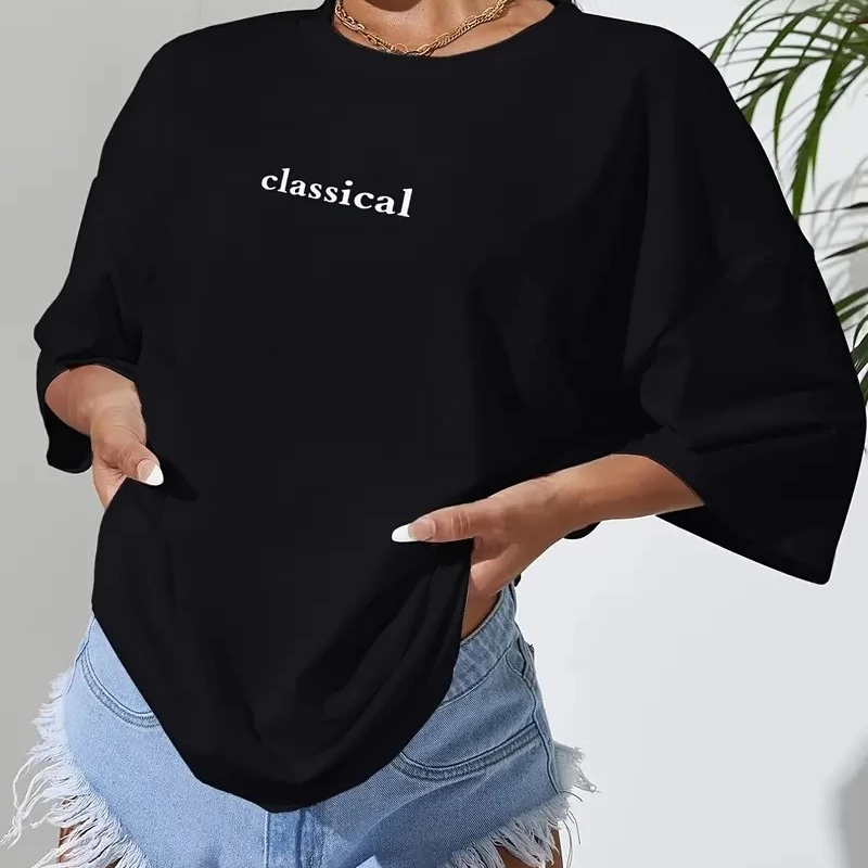 20/1 Penye Compack Classical Baskılı Siyah Oversize Tişort - Siyah -