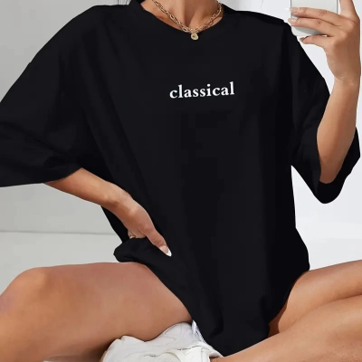 20/1 Penye Compack Classical Baskılı Siyah Oversize Tişort - Siyah -