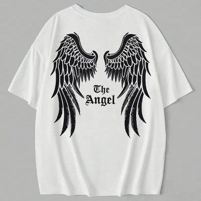 20/1 Penye Compack Dark Angel Baskılı Oversize Kısa Kol Yazlık T-shirt- Beyaz -
