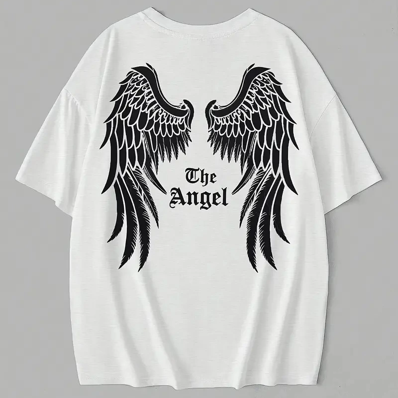 20/1 Penye Compack Dark Angel Baskılı Oversize Kısa Kol Yazlık T-shirt- Beyaz -