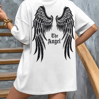 20/1 Penye Compack Dark Angel Baskılı Oversize Kısa Kol Yazlık T-shirt- Beyaz -
