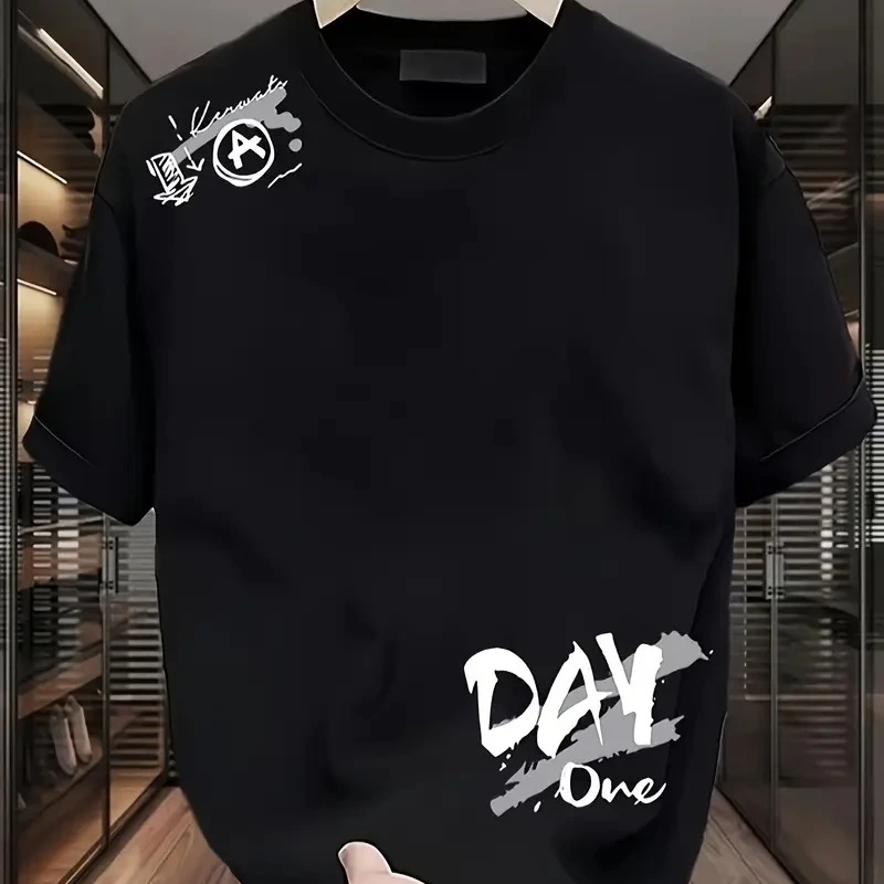 20/1 Penye Compack Day One Baskılı Oversize Bisiklet Yaka T-shirt - Siyah -