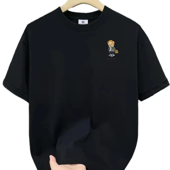 20/1 Penye Compack Gözlüklü Ayı Baskılı Oversize Bisiklet Yaka   T-shirt - Siyah -