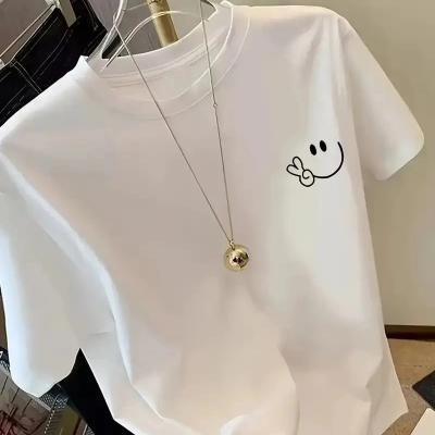 20/1 Penye Compack Gülücük Baskılı Oversize Bisiklet Yaka Kısa Kol Yazlık T-shirt - Beyaz -