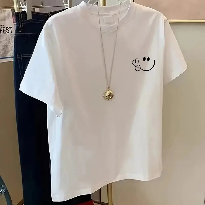 20/1 Penye Compack Gülücük Baskılı Oversize Bisiklet Yaka Kısa Kol Yazlık T-shirt - Beyaz -