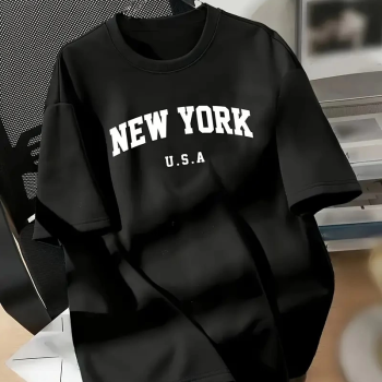 20/1 Penye Compack New York Baskılı Oversize Kısa Kol Bisiklet Yaka T-shirt - Siyah -