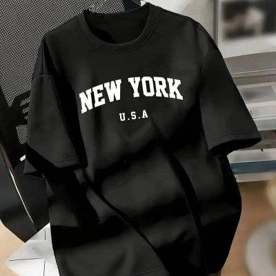 20/1 Penye Compack New York Baskılı Oversize Kısa Kol Bisiklet Yaka T-shirt - Siyah -