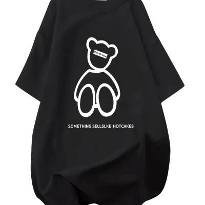 20/1 Penye Compack Ön Arka Baskılı Oversize Bisiklet Yaka T-shirt - Siyah -