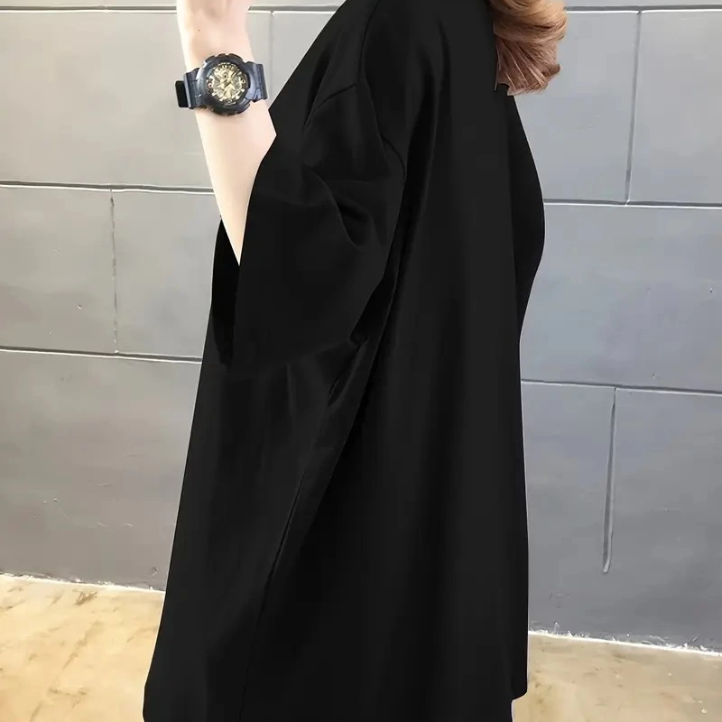 20/1 Penye Compack Ön Arka Baskılı Oversize Bisiklet Yaka T-shirt - Siyah -