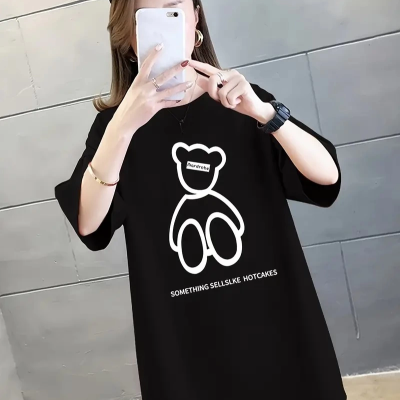 20/1 Penye Compack Ön Arka Baskılı Oversize Bisiklet Yaka T-shirt - Siyah -