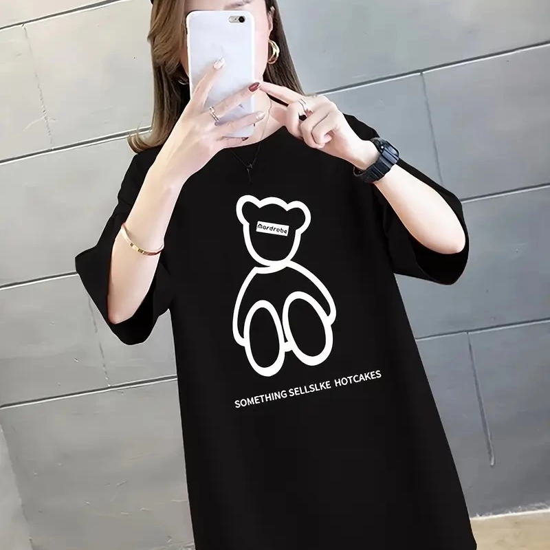 20/1 Penye Compack Ön Arka Baskılı Oversize Bisiklet Yaka T-shirt - Siyah -