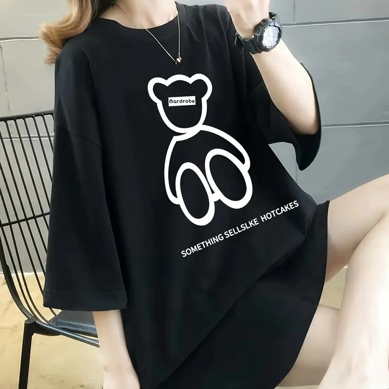 20/1 Penye Compack Ön Arka Baskılı Oversize Bisiklet Yaka T-shirt - Siyah -