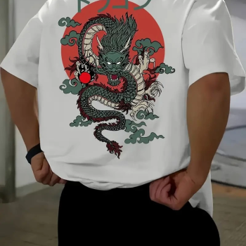 20/1 Penye Compack Ön Arka Ejder Baskılı Oversize Bisiklet Yaka T-shirt - Beyaz -