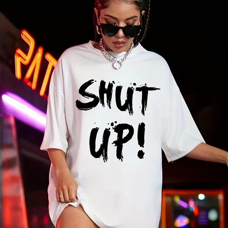 20/1 Penye Compack Oversize Beyaz Shut Up Kısa Kol Yazlık Tişört - Beyaz -