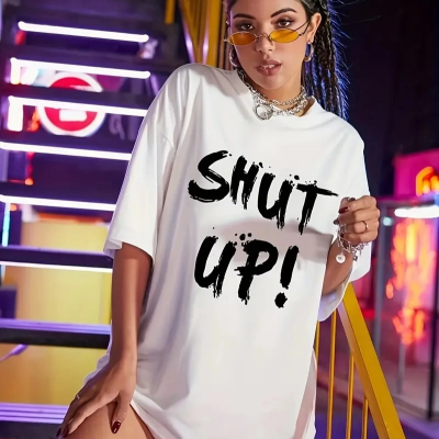 20/1 Penye Compack Oversize Beyaz Shut Up Kısa Kol Yazlık Tişört - Beyaz -