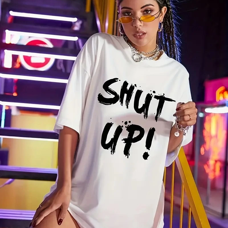 20/1 Penye Compack Oversize Beyaz Shut Up Kısa Kol Yazlık Tişört - Beyaz -