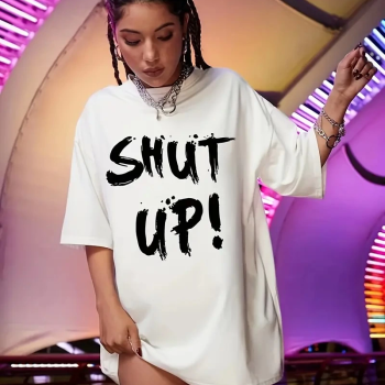 20/1 Penye Compack Oversize Beyaz Shut Up Kısa Kol Yazlık Tişört - Beyaz -