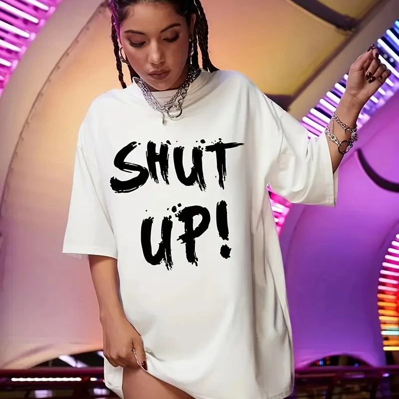 20/1 Penye Compack Oversize Beyaz Shut Up Kısa Kol Yazlık Tişört - Beyaz -