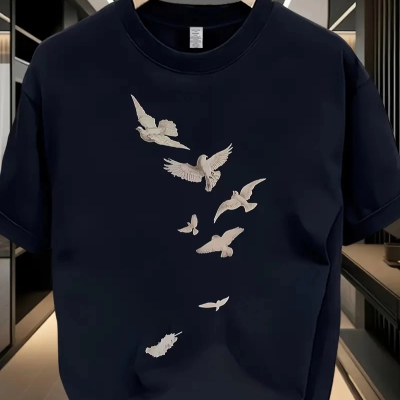 20/1 Penye Compack Özgür kuşlar Baskılı Baskılı Oversize Bisiklet Yaka T-shirt - Beyaz -