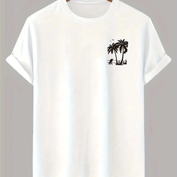 20/1 Penye Compack Palmiye Ön Baskılı Oversize Bisiklet Yaka Kısa Kol Yazlık T-shirt - Beyaz -